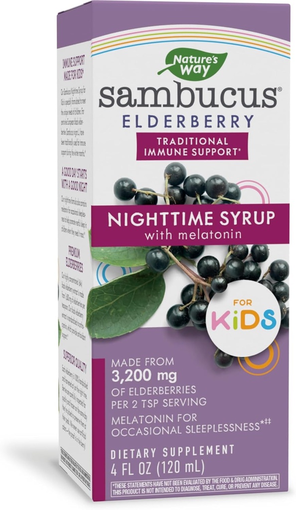 Naturens vei Sambucus Elderberry Natttid Syrup for barn med Melatonin, Immun Support*, 4 Fl Oz