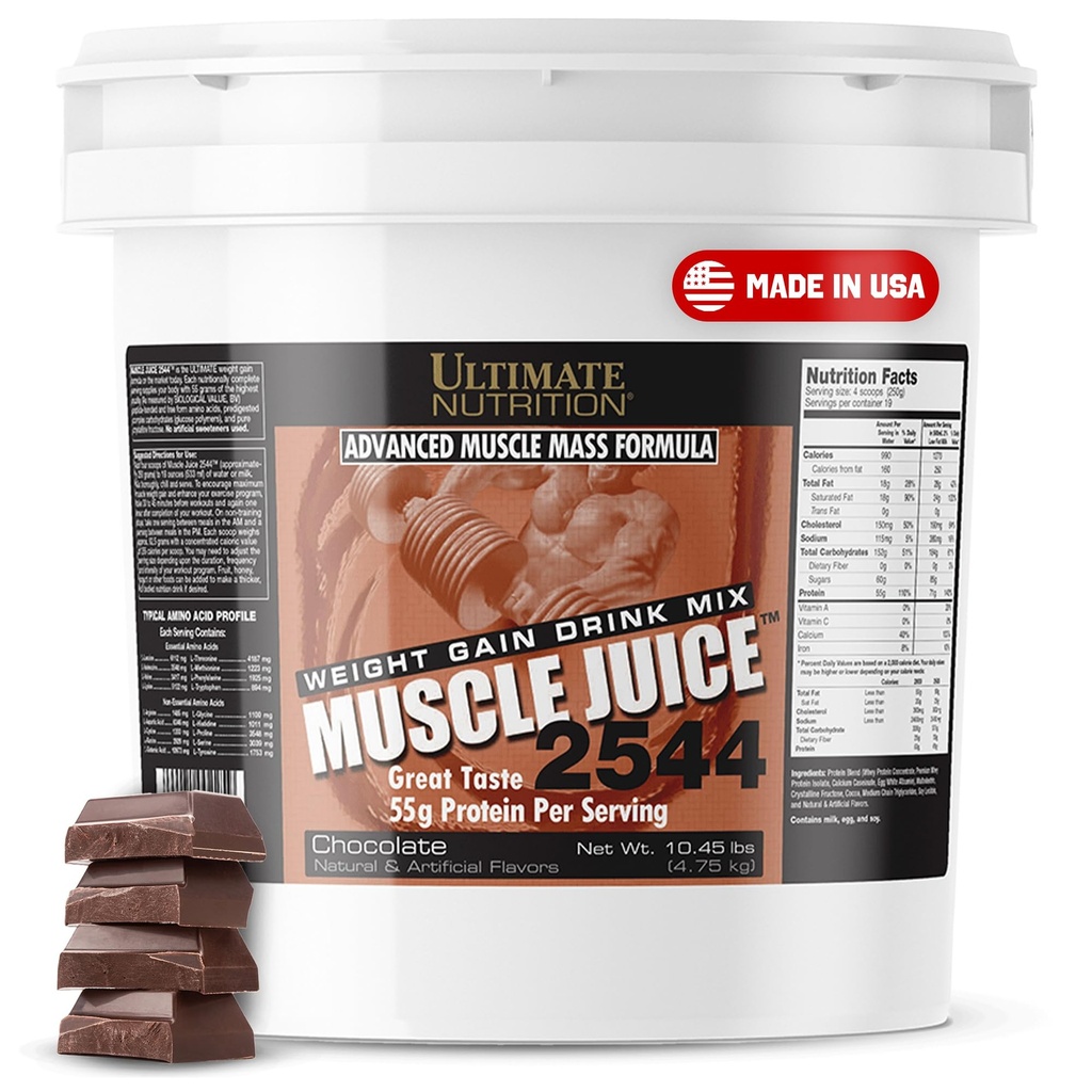 Ultimate Nutrition Muscle Juice, Vekt gevinst Drink Mix - Mass Gainer Trening pulver for menn og kvinner - Supplement for Lean Muscle Vekst & Immune Support med 55g Protein - Sjokolade, 10,45lb