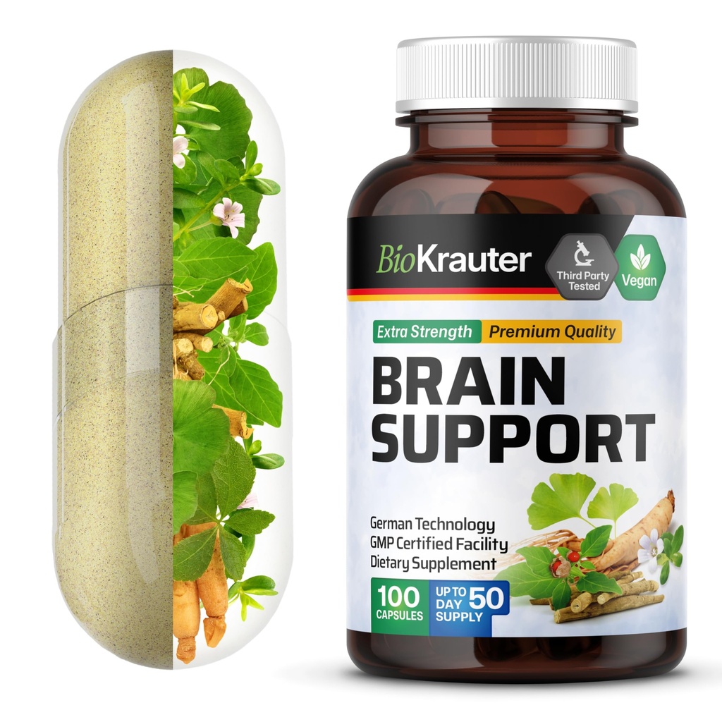BIO KRAUTER Brain Support Supplement - 100 greve - 1300 mg Blanding av Ashwagandha, Panax Ginseng og Ginkgo Biloba - Vegan, Ingen Fyllere