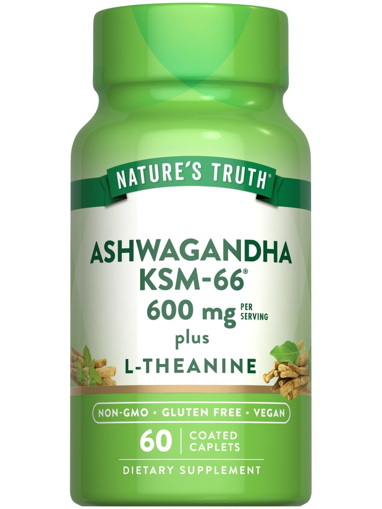 Naturens sannhet KSM-66 Ashwagandha | 60 Caplets | med L-Theanine | Vegansk, ikke-GMO, & Glutenfri supplement