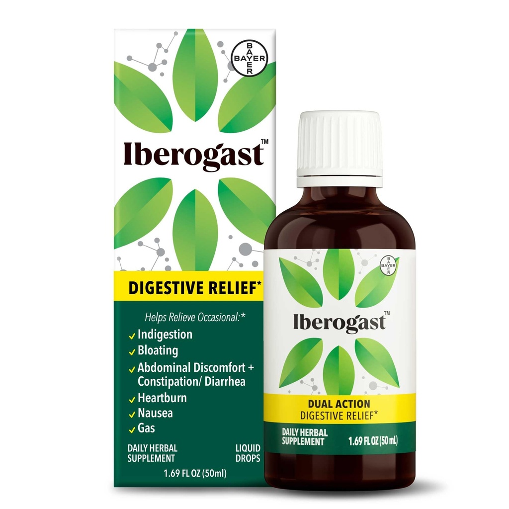 Iberogast flytende dråper, Herbal Relief av mage-upsets: Av og til Indigation, Bloating, Gass, Hvalme, Upset Mage; Glutenfri; 6-Hjerteblanding med Iberis Amara, Peppermynte; 50ml