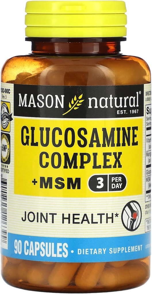 MASON NATURAL Glukosamin Complex Plus MSM med vitamin C - støtter felles helse, forbedret fleksibilitet og mobilitet, 90 kapsler