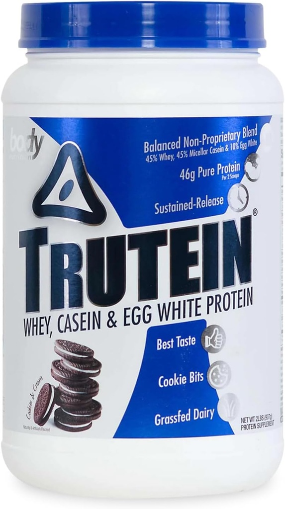 Body Nutrition Trutein High Protein pulver: 45% Whey, 45% Casein, 10% Egg Hvitt Protein Shake Mix, Lav natrium, Lavkarbohydrattilskudd pulver for menn og kvinner, informasjonskapsler og krem, 2lb