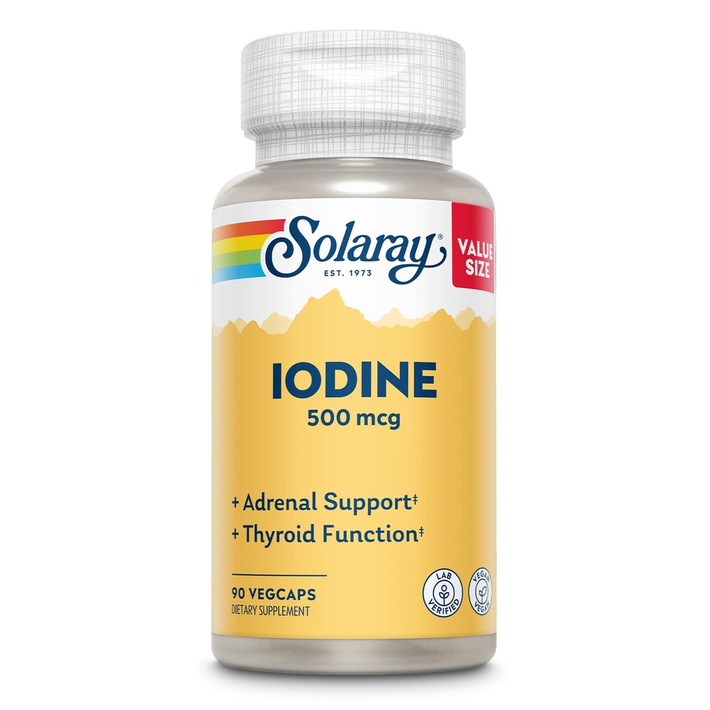 Solaray Iodin 500 mhg, jodin Supplement for sunn adrenal og thyroid støtte, energi, metabolisme, og fokus, Kalium jodid, Vegansk, 60-dagers pengene-tilbake garanti, 90 serveringer, 90 Vegkaps