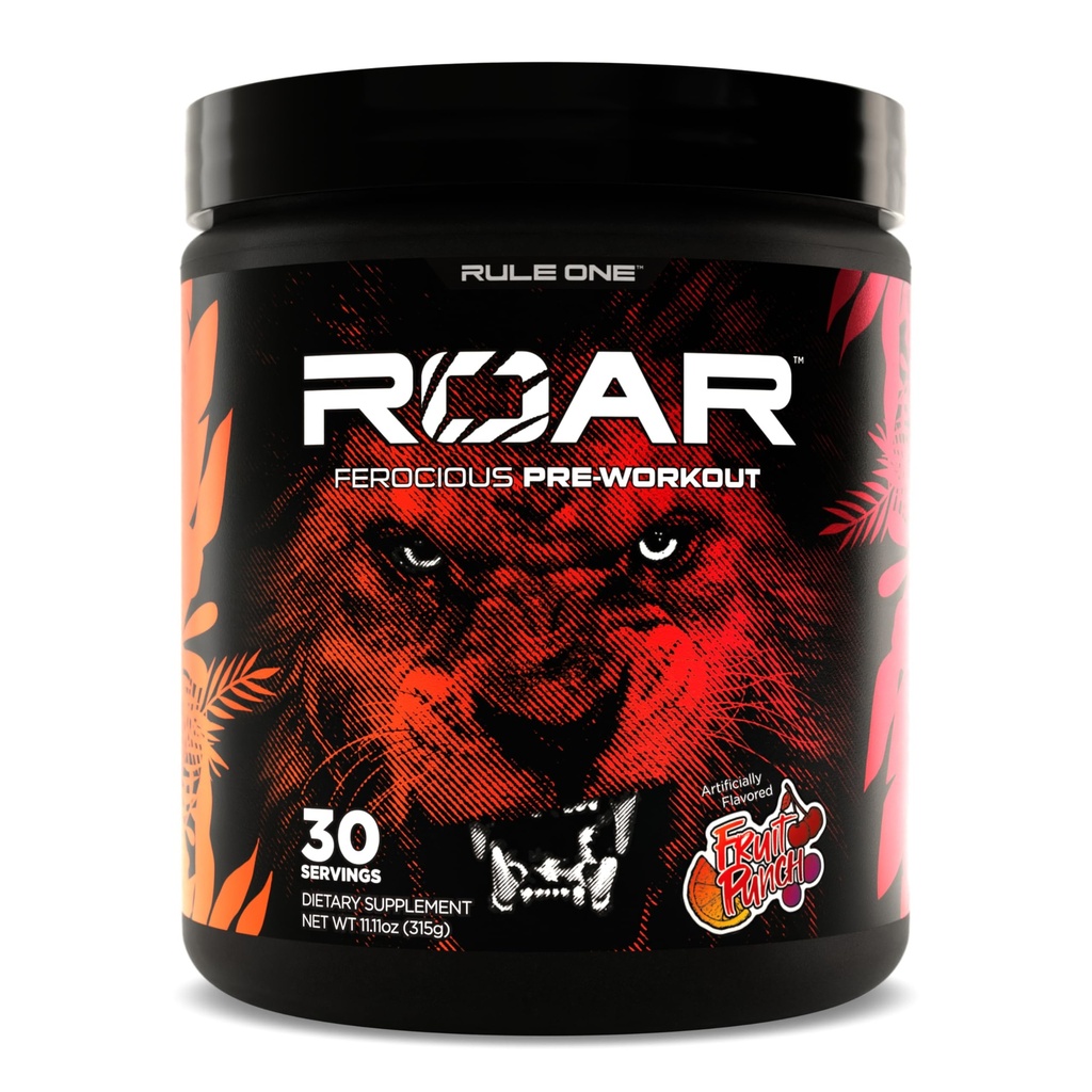 Regel 1 R1 Roar - Pre-Workout pulver med kreatin, Beta-Alanin, Citrullin, elektrolyter og koffein (30 serveringer, frukt punch)