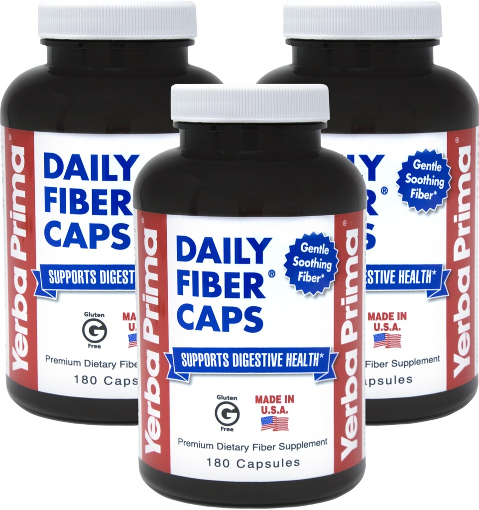 Yerba Prima Daily Fiber Capsules, 180 Caps (Pack of 3) - Oppløselig Diett Fiber Supplement - Colon Cleanse - Gut Helse - Health Relief, Vegan, Ikke-GMO, Glutenfri