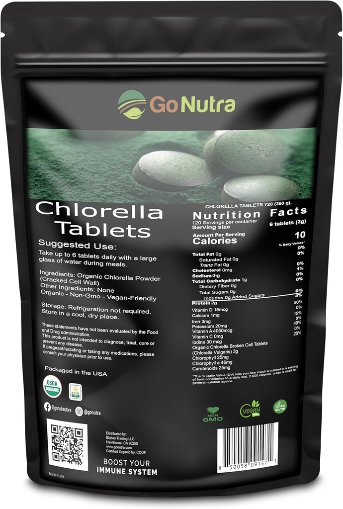 Organic Chlorella Tabletter Broken Cell, 3000mg Per Serving, 1000 Tabletter - Superfoods rik på mineraler, vitaminer, klorofyll, Aminosyrer, fettsyrer, fiber og proteiner, ikke-GMO og vegansk vennlig