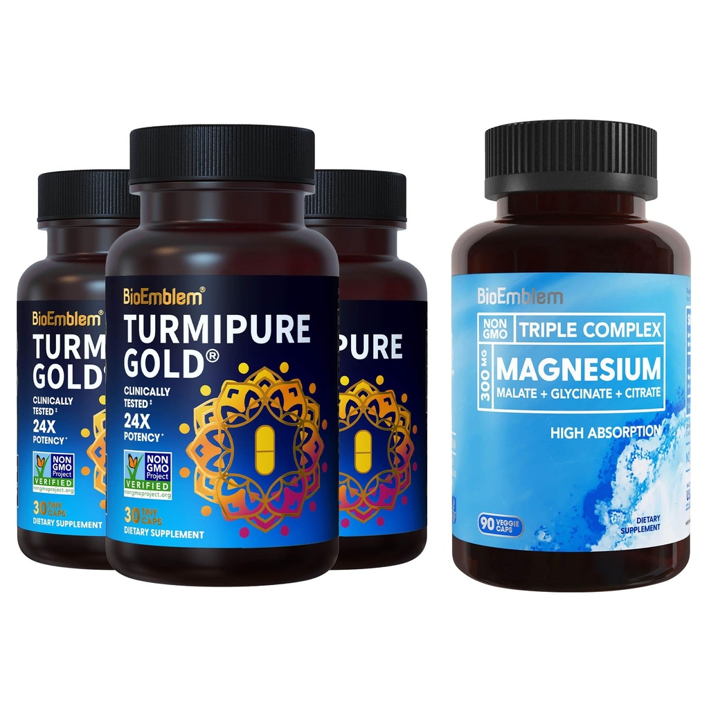 BioEmblem Triple Magnesium Complex og BioEmblem Turmeric Curcumin med klinisk studerte TurmiPure - Felles støtte, sunn inflammasjon Turmeriske kosttilskudd
