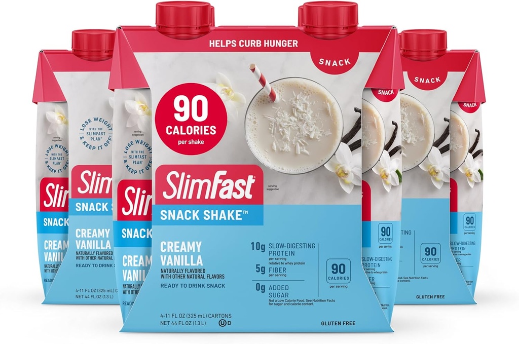 SlimFast Snack Shake, 90 Calorie Fiber Shake, Klar til å drikke, Protein Drink, Kremet Vanilla, 12 greve