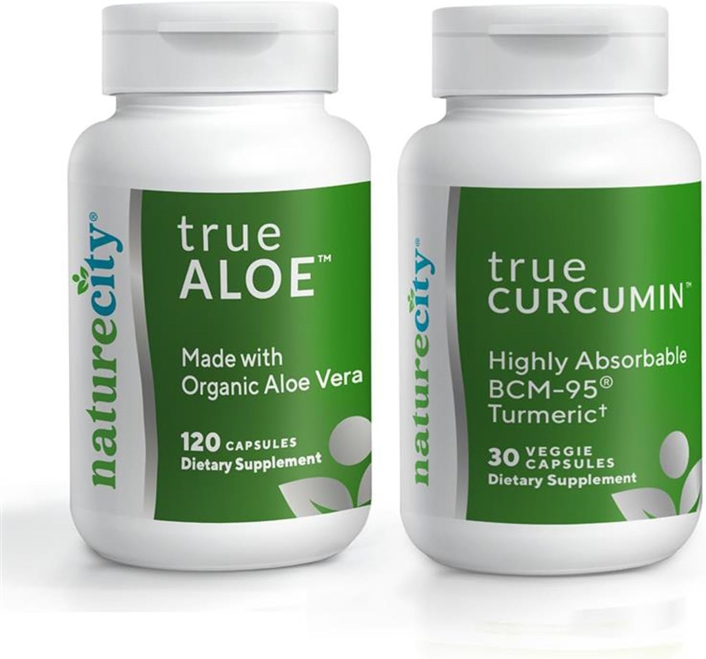 NatureCity felles støtte Bundle© True-Aloe laget med organisk AloeVera, 120 kapsler + True-Curcumin med 500 mg høy absorberbar BCM-95 Curcumin + gurkemeie essensiell olje, 30 kapsler