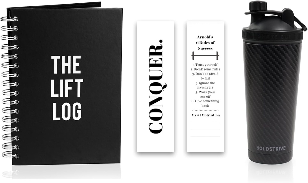 Rustfritt stål Protein Shakerflaske, isolert vannflaske med svart karbonfiber Wrap & Workout Journal med bokmerke – 6 måneder uendret daglig treningsjournal