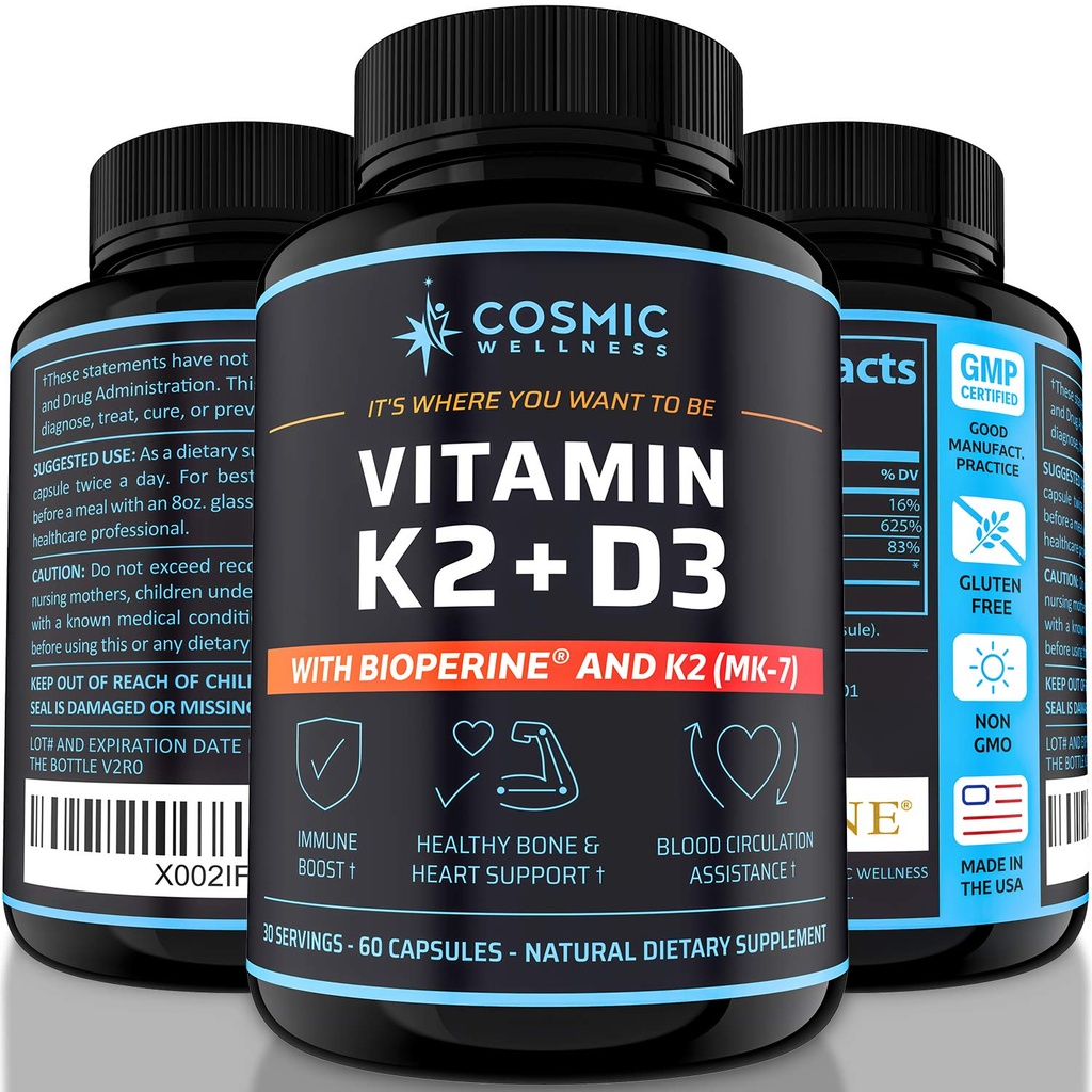 K2 D3 Vitamin Supplement 5000 Iu - for sunnere bein, blod, hjerte og bedre immunitet - forbedret kalsiumabsorpsjon med bioperin - 100% naturlig og Allergen-fri - vitamin D3 K2 Mk7 5000 Iu