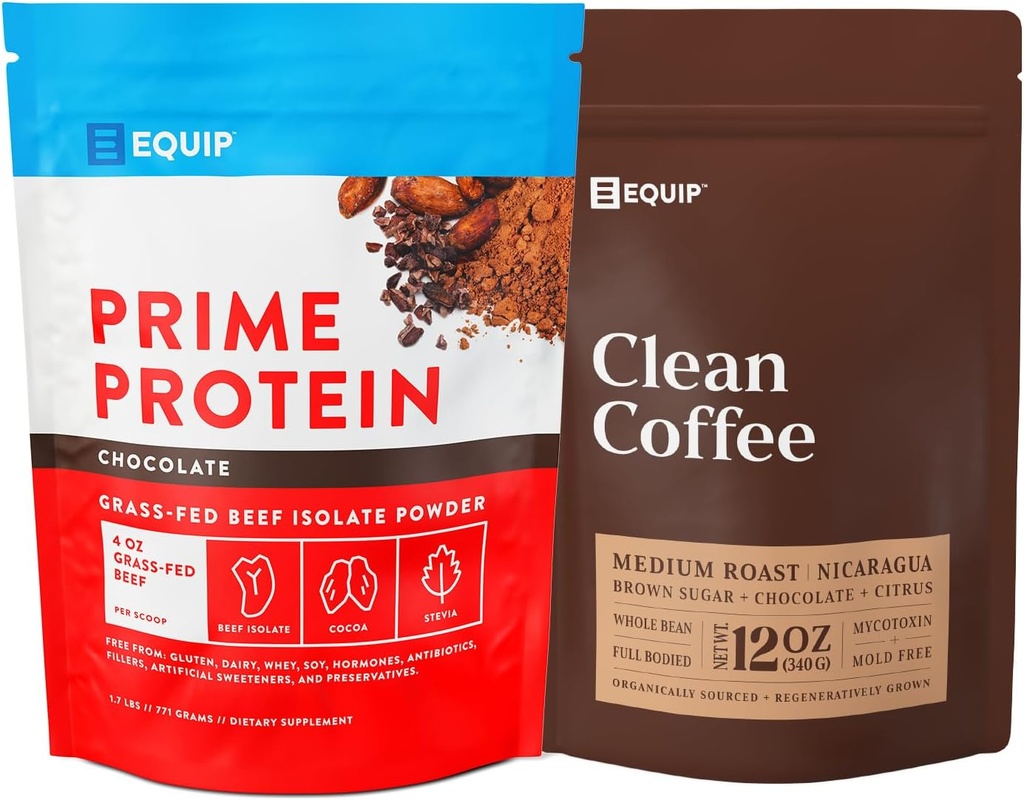 Equip Foods Prime Protein pulver sjokolade og gull standard ren kaffe