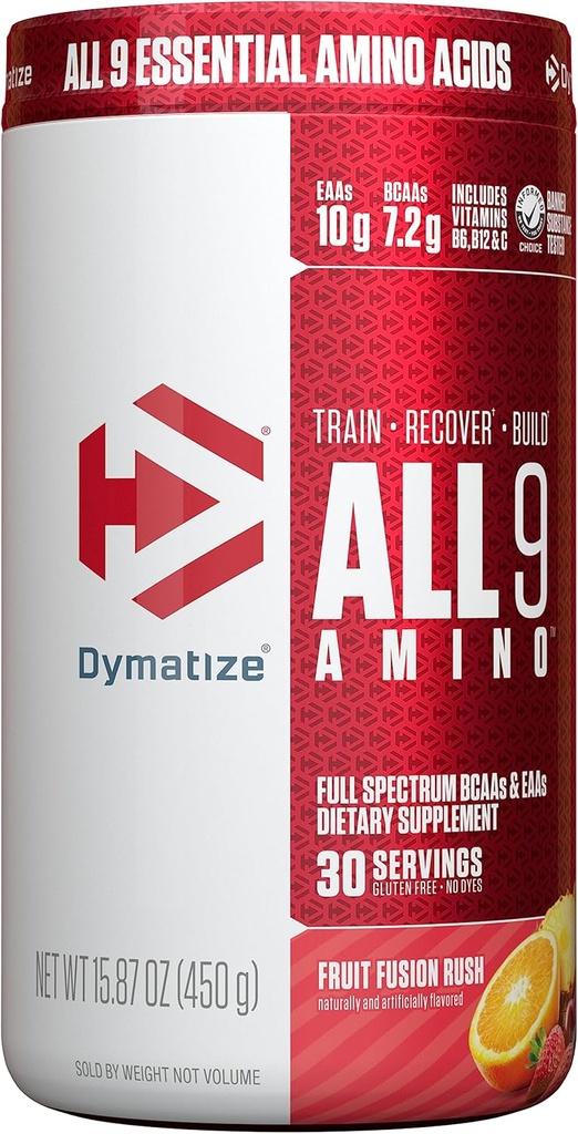 Dymatize All9 Amino, 7,2 g BCAA, 10 g fullspektrum essensielle aminosyrer per servering for gjenoppretting og muskelproteinsyntese, fruktfusjon rush, 30 serveringer, 15,87 Ounce