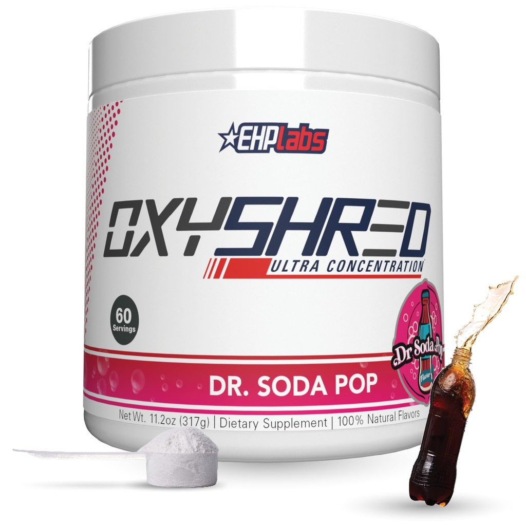EHP Labs OxyShred Thermogenic fettforbrenner - Pre-Workout pulver med L-Glutamine, Acetyl L-karnitin, Metabolisme Booster, Vekttap, Appetittkontroll, Energidrikk, Dr. Soda Pop, 60 Services