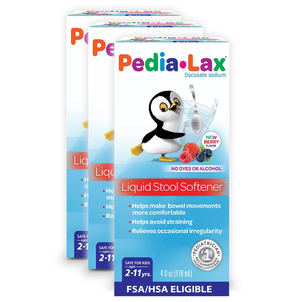 Pedia-Lax flytende Stool Softener for barn, alder 2-11, Berry Flavor, 4 Fl Oz (pakke med 3) Emballasje kan variere