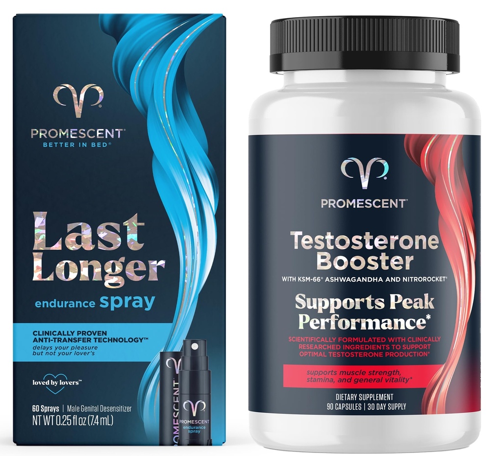 Promecent Delay Spray for ham (7,4 ml) + Testosteron Booster for menn Supplement med Tongkat Ali (LongJack), KSM-66 Ashwagandha, Horny Goat Weed, Energi, Stamina