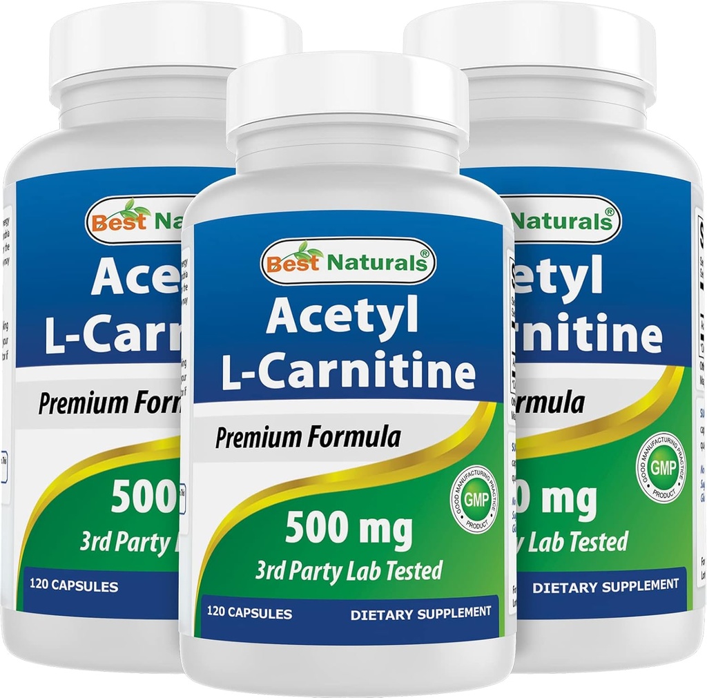 Best Naturals Acetyl L-karnitin (ALCAR) 500mg, 120 kapsler, 120 serveringer - Ikke-GMO og glutenfri, 1 kapsel per servering (3 pakke)