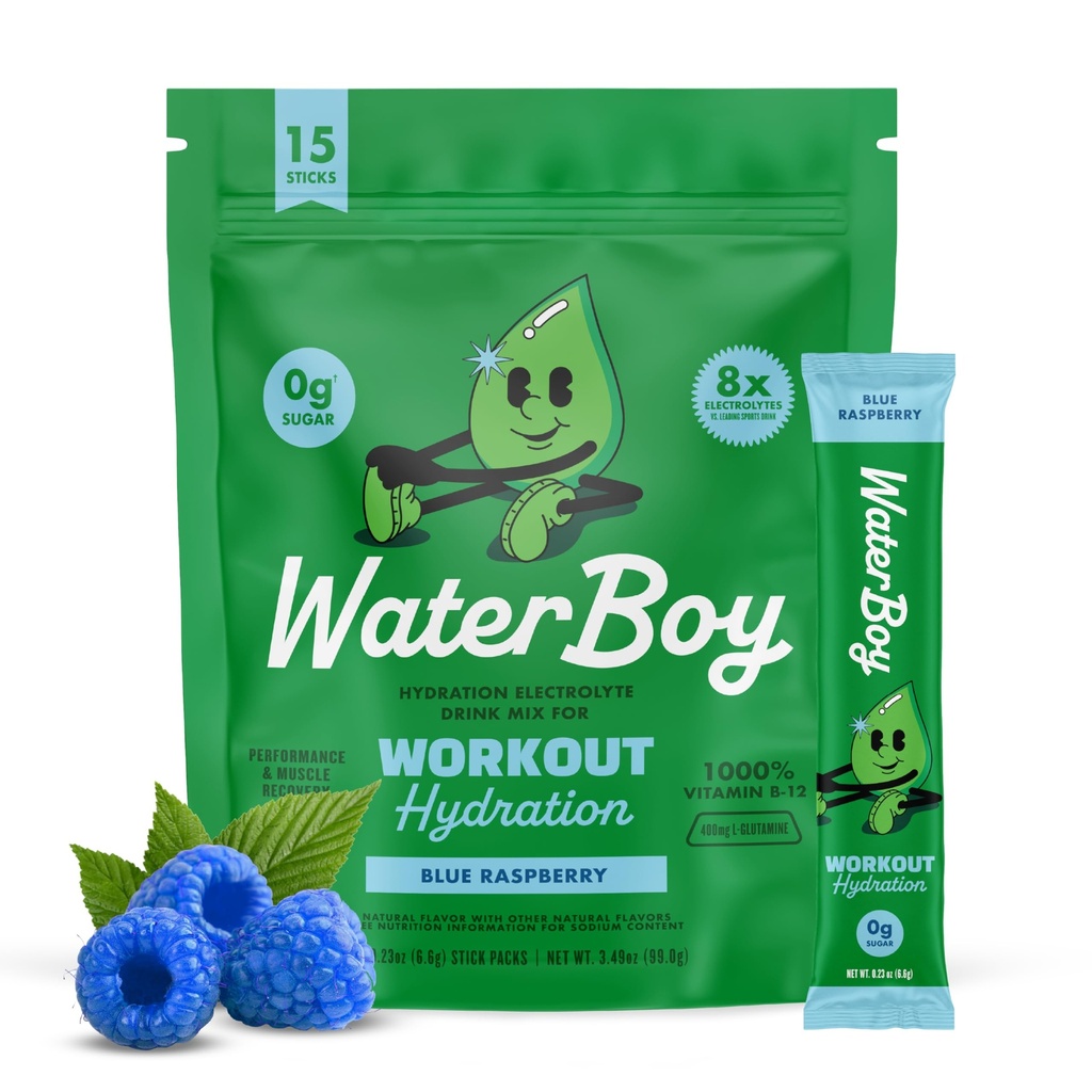 Waterboy Workout Hydration ® 2.960 mg Sukkerfri Elektrolytt pulver pakker | L-Glutamin + Vitaminer | Ingen sukker, Alt naturlig, Glutenfri | 15 Drikke Stick Blander (Blue Raspberry)