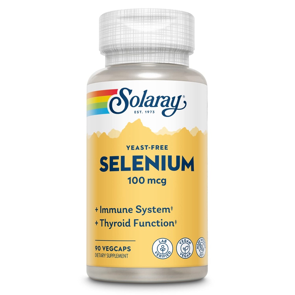 SOLARAY Selenium 100 mcg Supplement for kvinner og menn - Selenium 100mcg Capsules, Thyroid & Immune Health Support, Yeast Free, L Selenometionin, Antioksidant støtte, Vegan - 90 Veg Caps