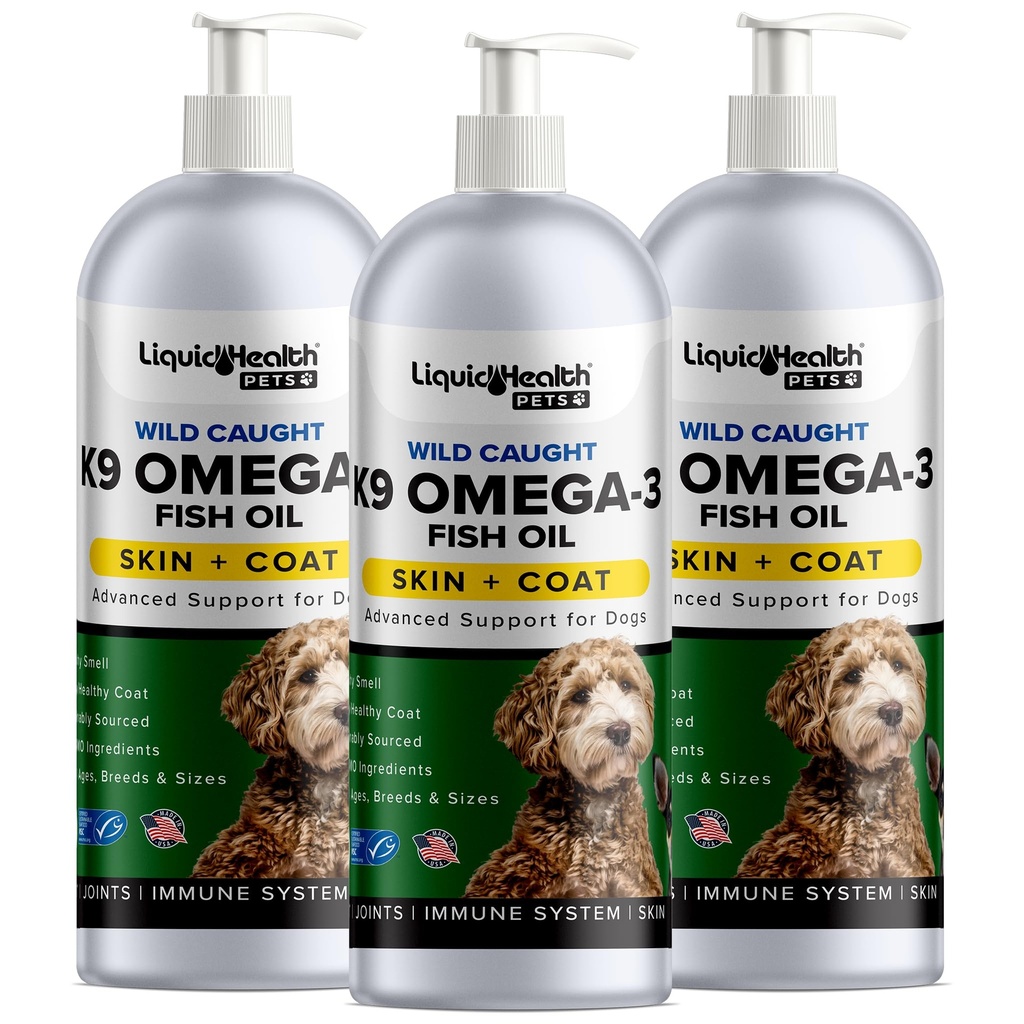 Flytende helse Kjæledyr K9 Omega 3 Fiskeolje for hunder - Flytende Omega 3 Supplement for kjæledyr med EPA + DPA + DHA - Reduser kløe og skjæring, støtte ledd, immunitet, hjerne, hjerte helse - USA laget (3 pakke)