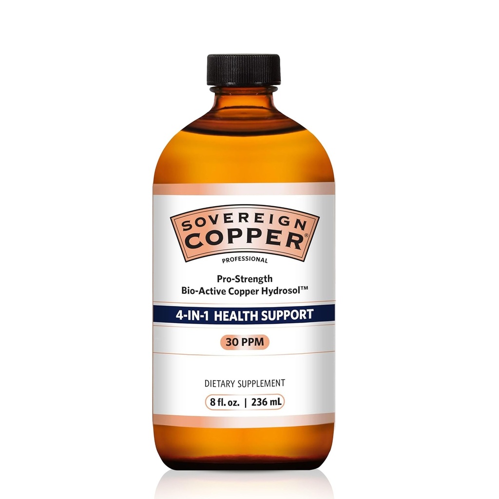 Suverene Pro-styrke Bio-Active Copper Hydrosol - Biotilgjengelig kobbervæske Supplement for voksne og barn w/Silver Hydrosol for hår, hud, & negler, 30ppm - 8 fl oz (237ml)