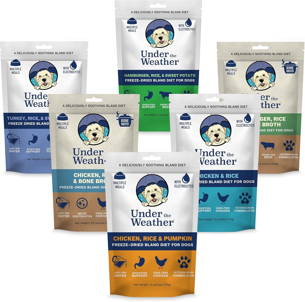Under været Bland Diet for hunder | lett å digest for syke hunder | Alltid være klar | Inneholder elektrolyter - Alt naturlig fryse tørket 100% menneskeklasse kjøtt | 6 pakke - Multiflavor - 6oz