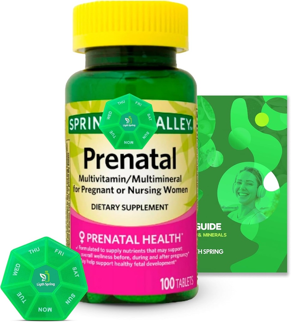 Prenatal Multivitamin/Multimineral 100 Tabletter med Bundle eksklusive vitaminer og mineraler - A til Z -Better Ligth&Spring Guide + Ukelig Pill Organizer (3 varer)