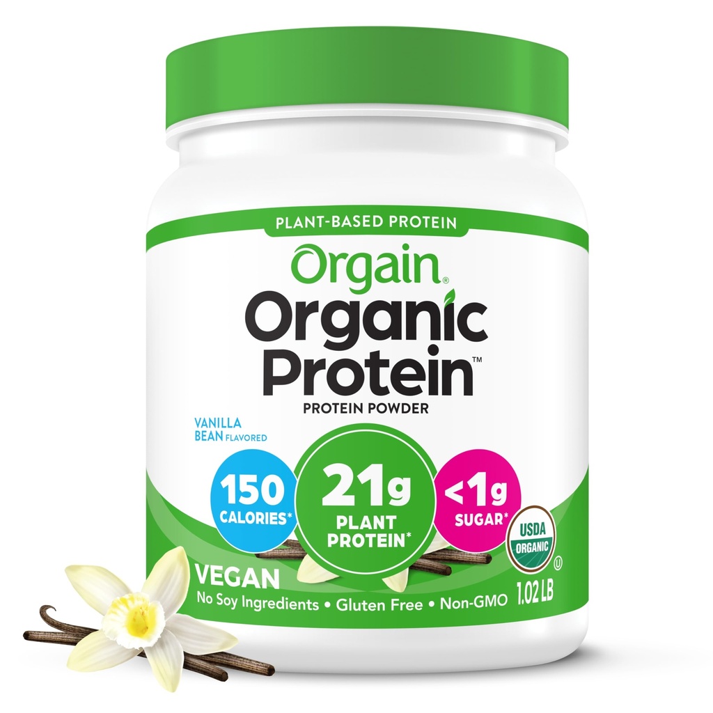 Orgain Organic Vegan Protein Powder, Vanilla Bean - 21g Plant Basert Protein, 4g Prebiotic Fiber, Ingen Laktose ingredienser, Ingen tilsatt sukker, Ikke-GMO, For rist og smoothies, 1,02 lb (Packing May Vary)