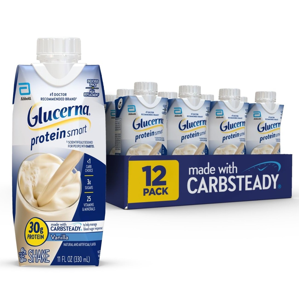 Glucerna Protein Smart Diabetes Care Shake, Vanilla, Diabetisk Måltid Erstatning for å støtte blodsugarhåndtering, 30g Protein, 150 kalorier, Klar til å drikke, 11-fl-oz flaske, 12 Pack