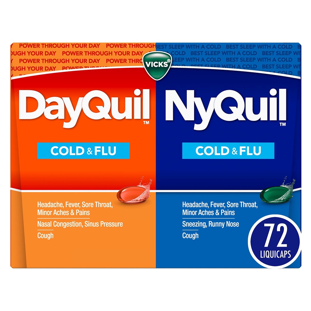 Vicks DayQuil & NyQuil Co-Pack, Cold & Flue medisin, Kraftig multi-Symptom Daytime & Nighttime Relief for hodepine, Feber, Sore Throat, mindre akser og smerter, & Cough, 72ct