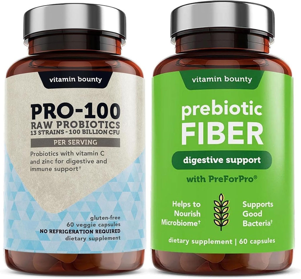 Vitamin Bounty Pro-100 Probiotika & Prebiotic Fiber Bundle: Ultimate Gut Helse støtte med 13 Strains, 100 milliarder CFUs, sink og vitamin C, forsinket release kapsler - 90 kapsler