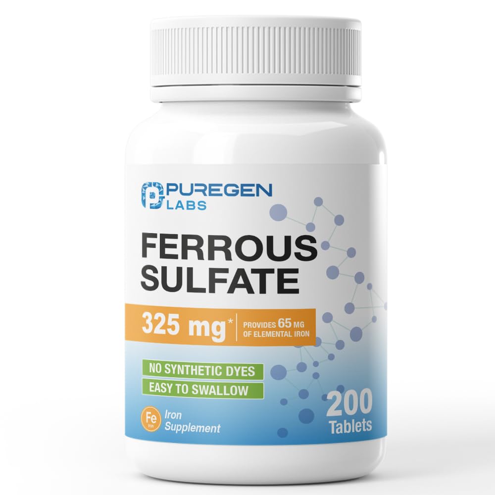 Puregen Labs Ferrous Sulfat 325 mg (65 mg Elementalt jern) høy styrke jern Supplement | Ingen kunstige fargetilsetninger - 200 tabletter laget i USA
