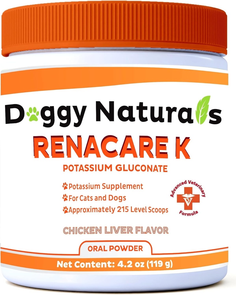 RenaCare K er for renal K (Potassium gluconate) Kalium Supplement pulver for hunder og katter, (4 oz) med kylling lever flavor - 215 nivå scoop (Made er USA)