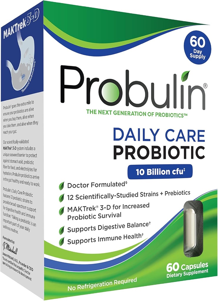Probulin Daily Care Probiotic Supplement, Digestive, Gut og immun helse støtte kapsler for menn og kvinner, 10 milliarder CFU, Vegan, 60 Count Box