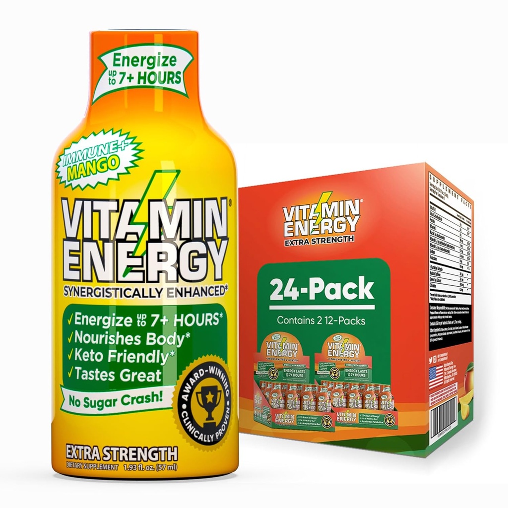 Vitamin energi immun + ekstra styrke energi Shot Mango 24 Pack, 260 mg naturlig koffein, B-vitaminer, Citikolin, grønn te, immunitet og fokus støtte, null sukker, glutenfri 1,93 floz