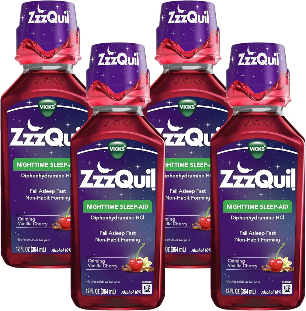 ZzzQuil, natt søvnhjelp væske, 50 mg diphenhydramin HCl, nr.1 søvn-Aid merkevare, beroligende Vanilla Cherry Flavor, ikke-habit forming, 12 FL OZ (pakke av 4)