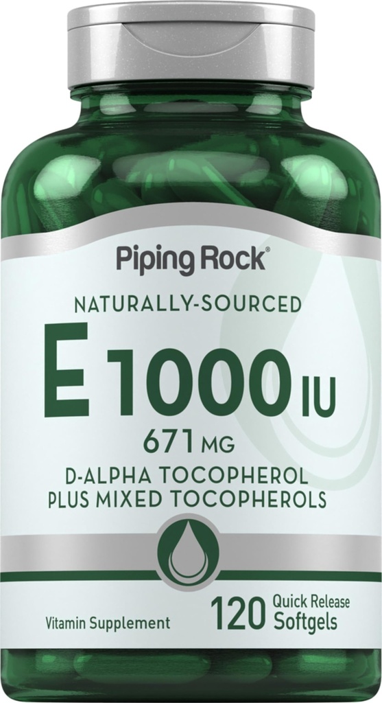 Piping Rock Vitamin E 1000 IE Softgels | 120 greve | med D-Alfa og blandede tokoferoler | Glutenfri, Ikke-GMO Supplement