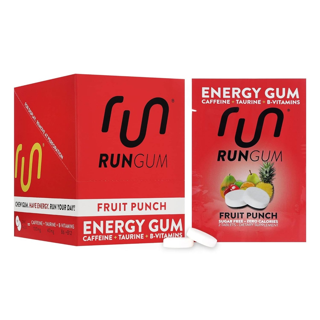 RUN GUM Frukt Punch Energi Chewing Gum 50mg Koffein Taurin & B-Vitamins Per Piece, 24 stykker (pakke av 12) Sukkerfri, Zero Calorie, Ingen Aspartam, og Glutenfri, 1 ea