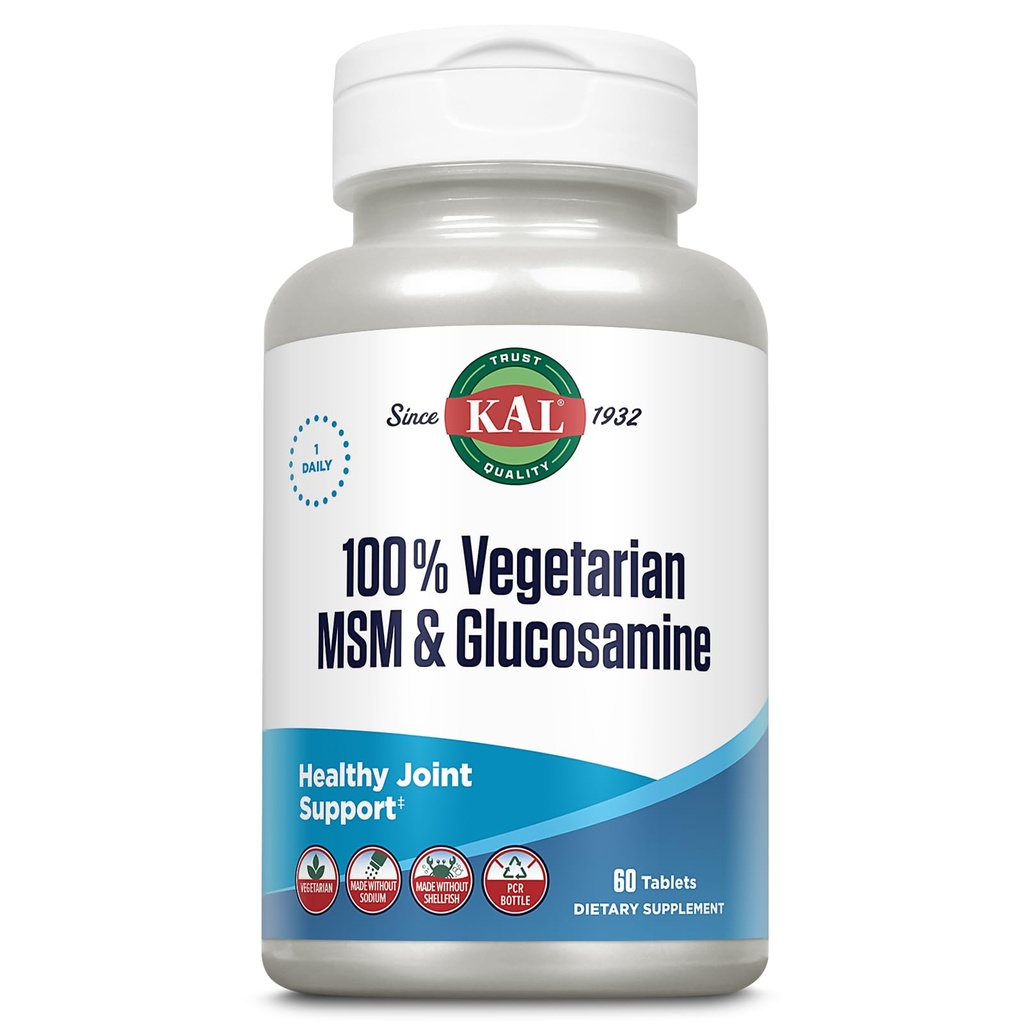 KAL 100% vegetarisk MSM & Glukosamin - sunn fellesstøtte - Vegansk Glukosamin og MSM Supplement - laget uten skallfisk - Lab verifisert - 60-dagers garanti - 60 Serveringer, 60 tabletter