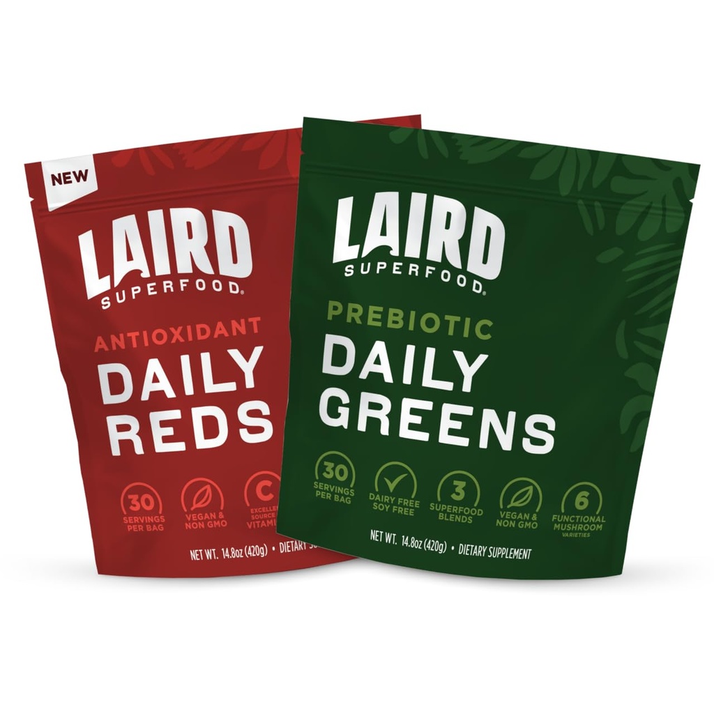 Laird Superfood Reds & Greens Bundle, Prebiotic Daily Greens og Antioksidant Daily Reds Powder, 14.8oz