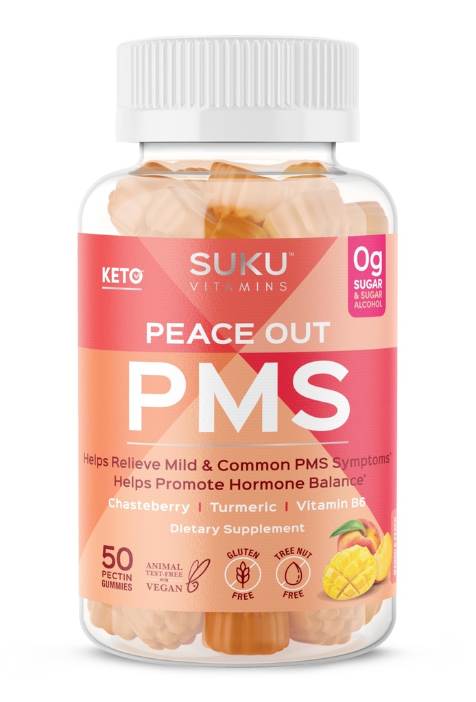SUKU Vitaminer - PMS Gummy Supplement med Chasteberry til å lindre PMS og Menopause Peach Mango Gummies (50 greve)