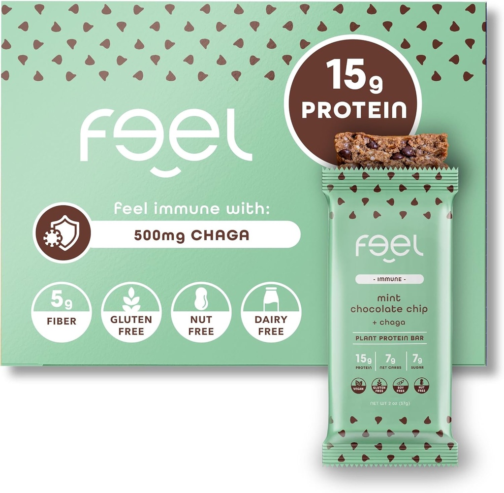Feel Vegansk Protein Bars | Mint sjokolade Chip | Keto | Glutenfri | Organisk | Chaga Mushroom | 15g Planteprotein | Lavkarbohydrat | Høy protein | Dairy Gratis | Lavt sukker | Kornfri | Nøtt Gratis | Soja Gratis