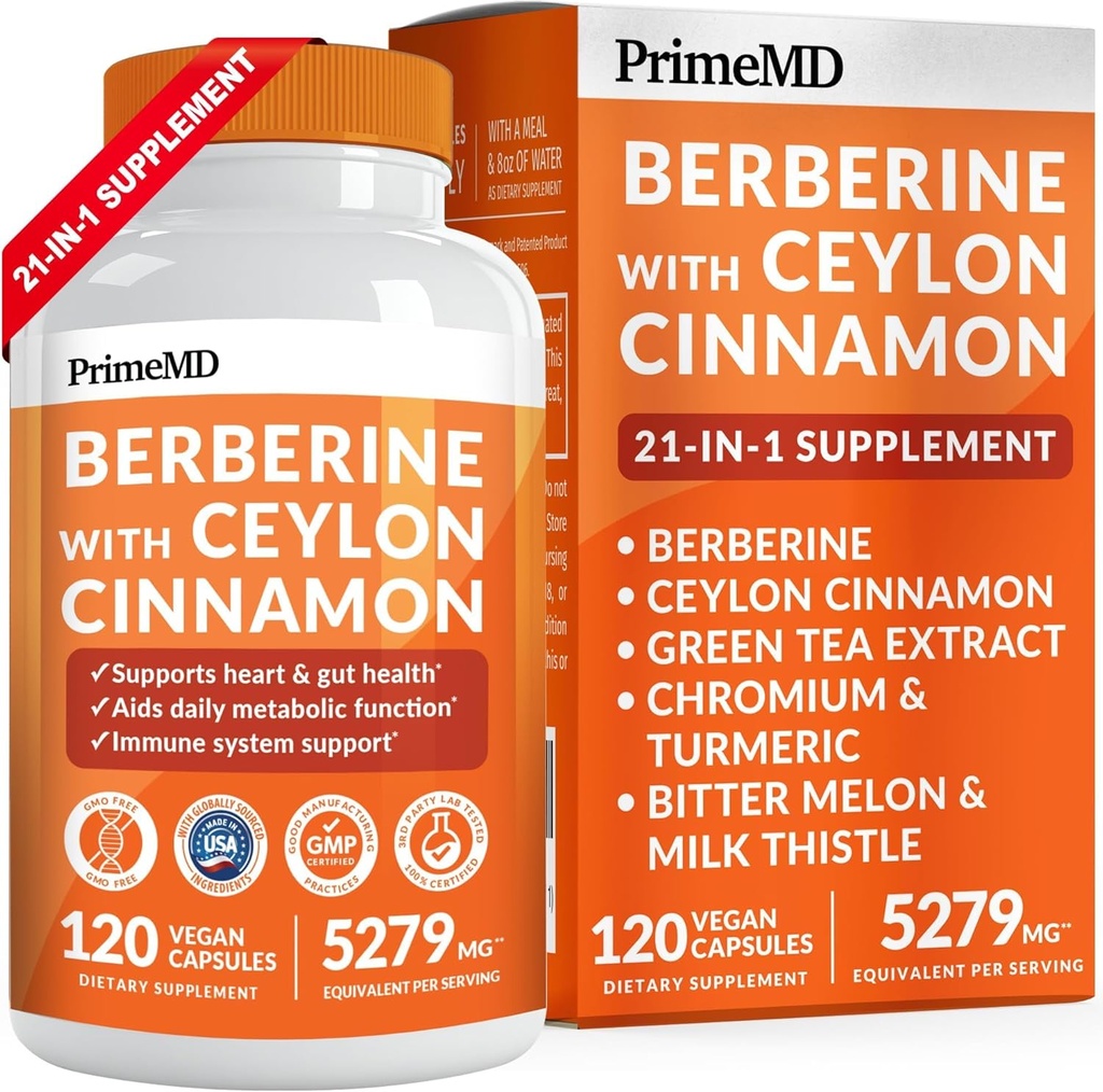 21-i-1 Berberine Supplement med Ceylon kanel - Berberine 1500 mg med kromium, Bitter Melon og grønn te ekstrakt - Berberine 5X for vektkontroll og metabolisme støtte med 5279 mg (120 ct)