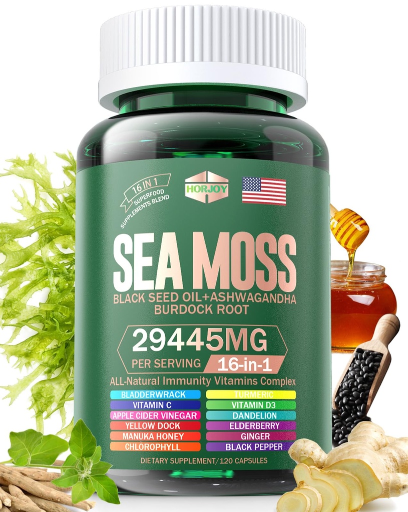 Sjø Moss 12000mg Svart Seed Oil 6000mg Ashwagandha 3000mg Turmeric 1000mg Bladerwrack 2000mg Burdock 3000mg & vitamin C & D3 med Elderberry Manuka Dandelion Yellow Dock Iodine Klorofyll ACV