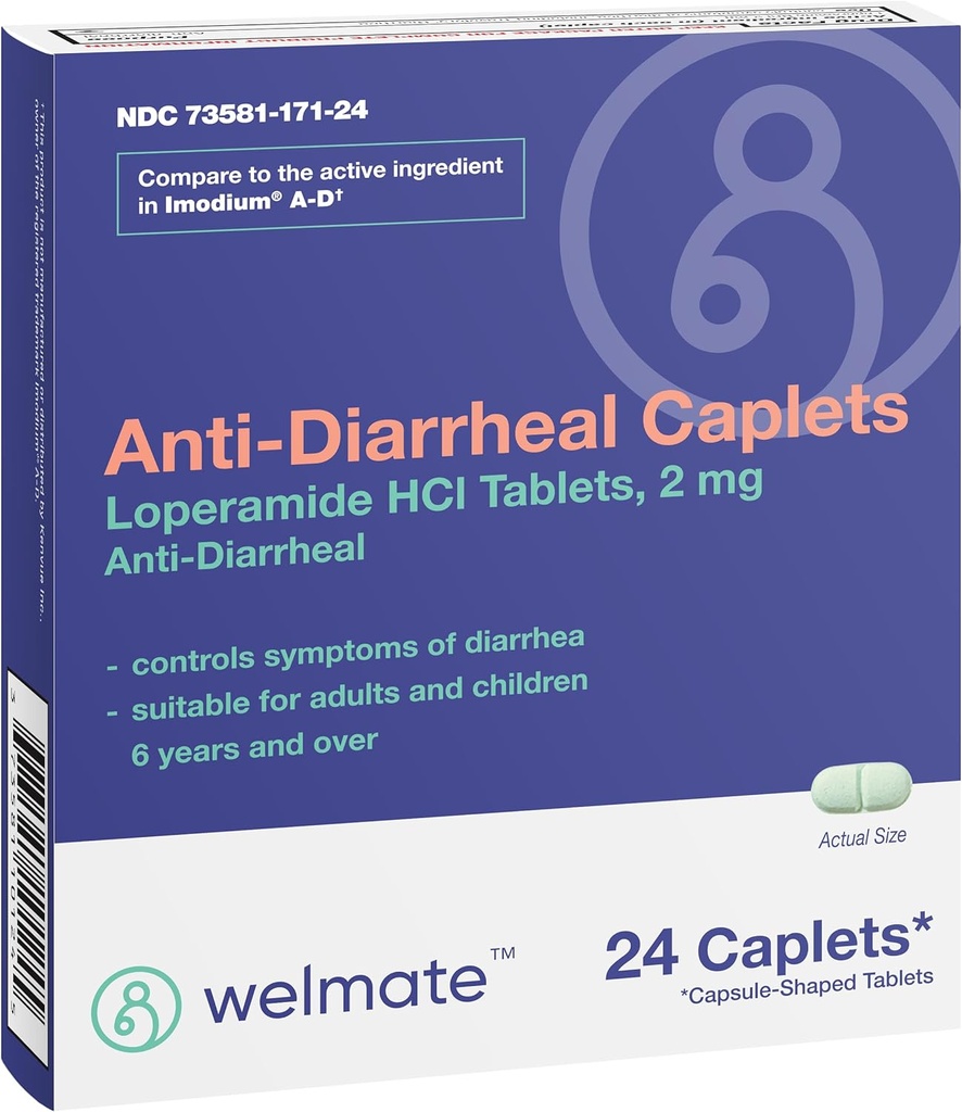 WELMATE - Anti-Diarreal Caplets (24 Caplets) - Loperamide HCL 2 mg - Diarrea Symptom Relief - Upset Mage Reliever - Anti diarrea piller - Over-The-Counter Medisasjon