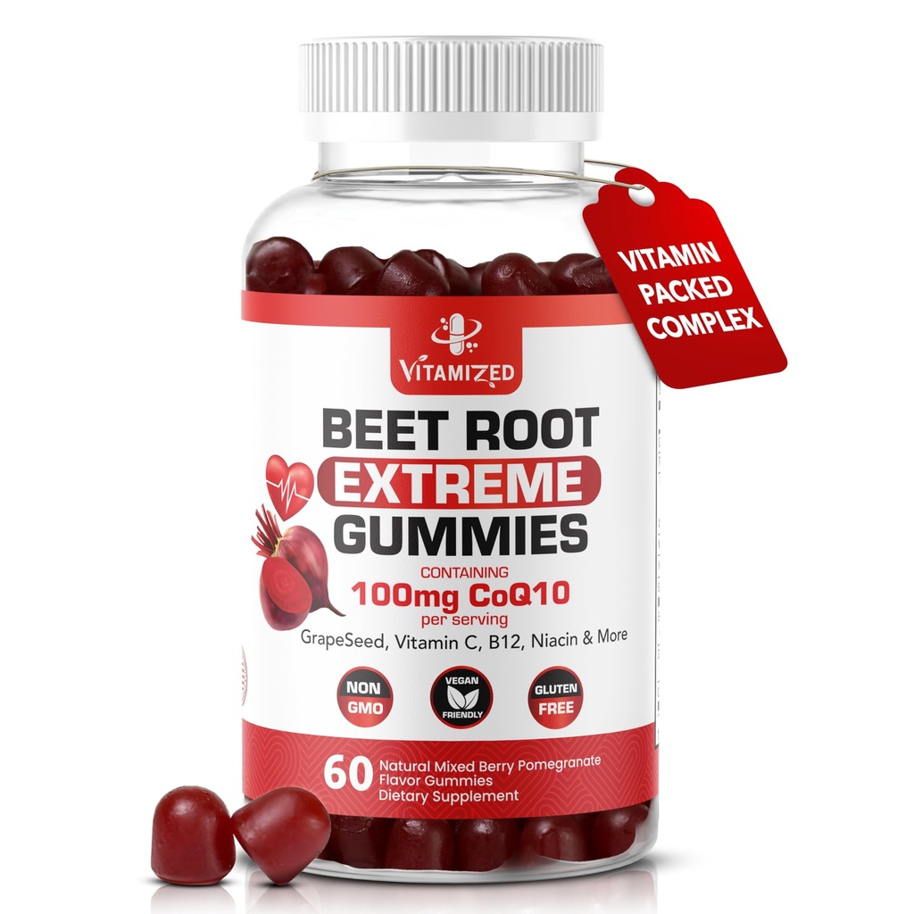 Extreme Beetroot Formula & COQ10 100mg med kornfrøekstrakt, for sirkulasjon energi & flyt, 1500mg Beet Root Gummies ekstrakt Glutenfri 60