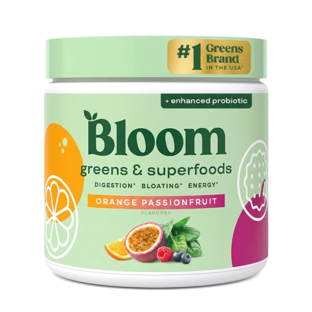 Bloom Nutrition Superfood Grønn pulver, Digestive Enzymer med probiotika og prebiotika, Gut helse, Bloating Relief for kvinner, Klorella, Juice Mix w/Beet Root pulver, 30 SVG, Orange Passion Fruit