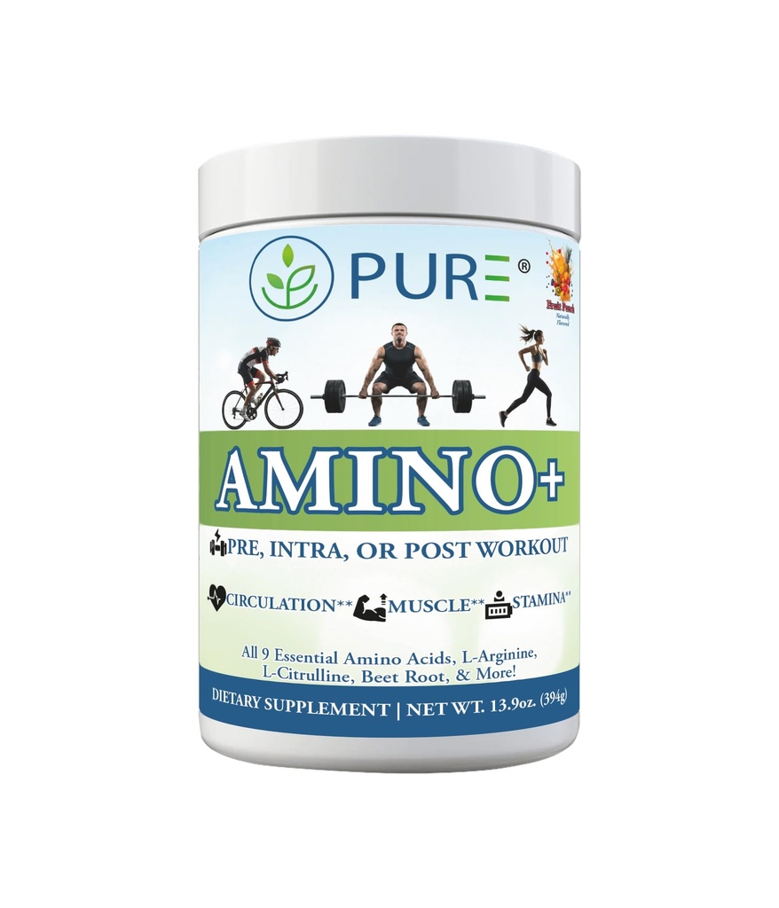 PURE Amino + Drikkeblanding, Frukt Splash, 9 essensielle aminosyrer, L-Arginin, L-Citrullin, 501g, 30 serveringer, Premium velvære Supplement