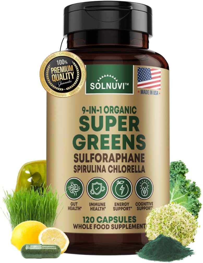 Organic Super Greens Superfood Capsules Supplement - Spirulina, Klorella, Hvetegrass, Kale pulver, Sulforafane, Antioksidanter - Gut Helse, Digestion, Energi, Immunitetsstøtte - 120 Vegankapsler